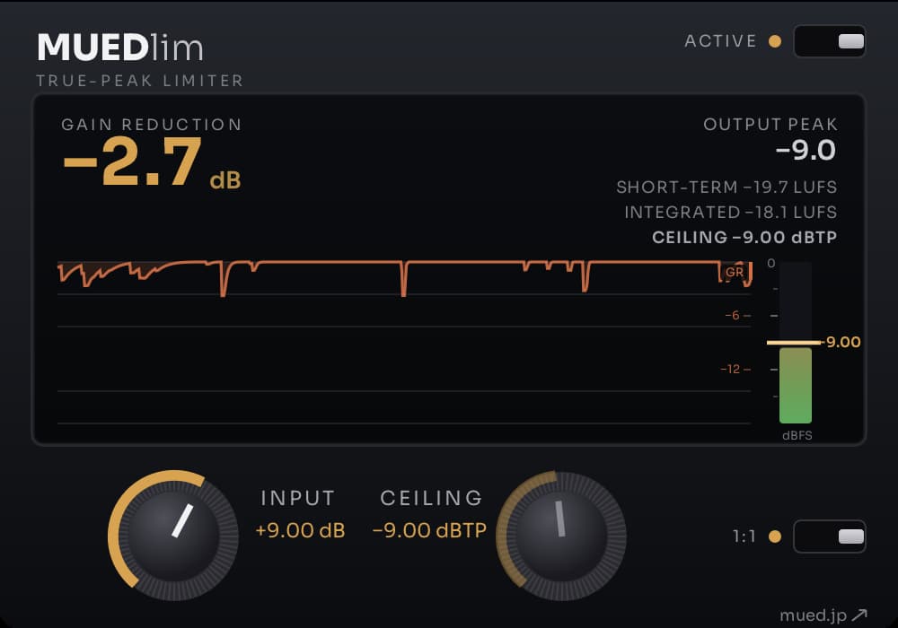The MUEDlim 1.0.1 plugin interface with audio running and 1:1 on. The large amber readout at the left is GAIN REDUCTION −2.7 dB. At the right, OUTPUT PEAK −9.0, SHORT-TERM −19.7 LUFS, INTEGRATED −18.1 LUFS and CEILING −9.00 dBTP. The graph in the center shows only the gain-reduction history (a vermilion line) hanging from its top edge, and the output meter on the right sits at its −9.00 ceiling. Along the bottom, the INPUT knob (+9.00 dB) and a dimmed CEILING knob (−9.00 dBTP), with the 1:1 switch (on, an amber dot) to their right.