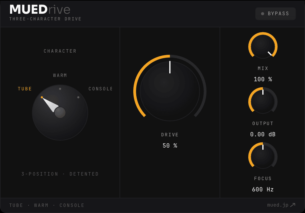 The MUEDrive 1.0.1 plugin interface. At the top left, a wordmark setting MUED in bright type against a dimmer rive, with a THREE-CHARACTER DRIVE subtitle beneath it and a BYPASS toggle at the right. At the left, the three-position CHARACTER selector points to TUBE (lit amber), with WARM and CONSOLE at the other positions and a 3-POSITION · DETENTED note below. The center holds a large DRIVE knob tracing an amber arc at 50 %. At the right, three knobs stacked top to bottom: MIX 100 %, OUTPUT 0.00 dB and FOCUS 600 Hz. Along the bottom, TUBE · WARM · CONSOLE at the left and a mued.jp link at the right.