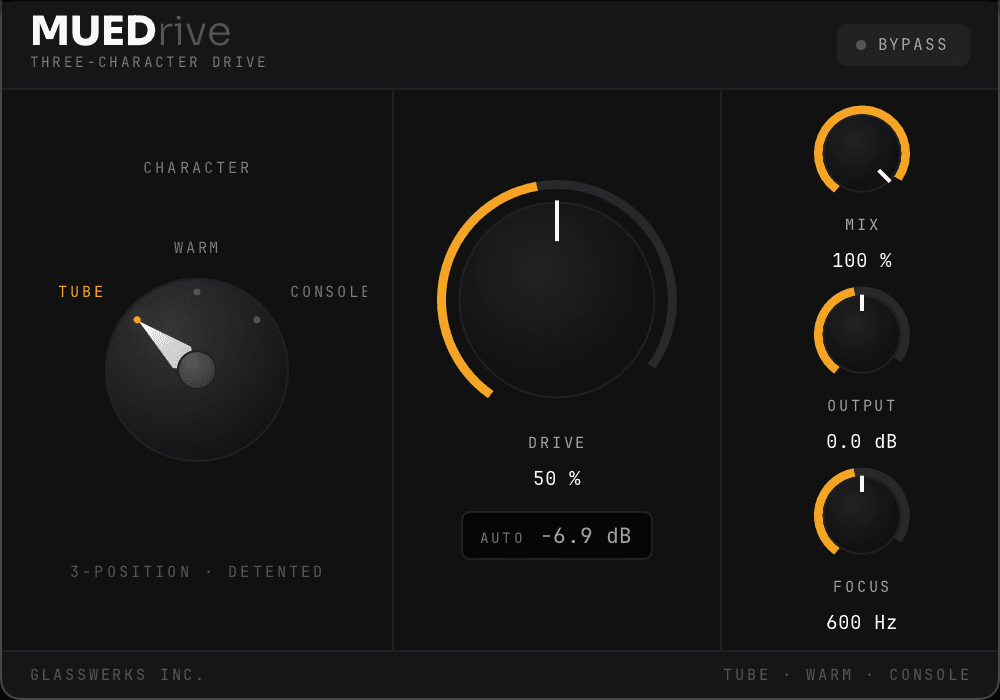 MUEDrive のプラグイン画面。左上に MUED(明るい字)と rive(暗い字)を並べたワードマーク、その下に THREE-CHARACTER DRIVE の小見出し、右端に BYPASS トグル。左は CHARACTER の3位置セレクタで、つまみは TUBE(アンバーで点灯)を指し、他の位置に WARM と CONSOLE、下に 3-POSITION · DETENTED の注記。中央は大きな DRIVE ノブがアンバーの弧を描いて 50 %、その下に AUTO −6.9 dB の表示。右は上から MIX 100 %、OUTPUT 0.0 dB、FOCUS 600 Hz の3つのノブ。最下部に GLASSWERKS INC. と TUBE · WARM · CONSOLE。